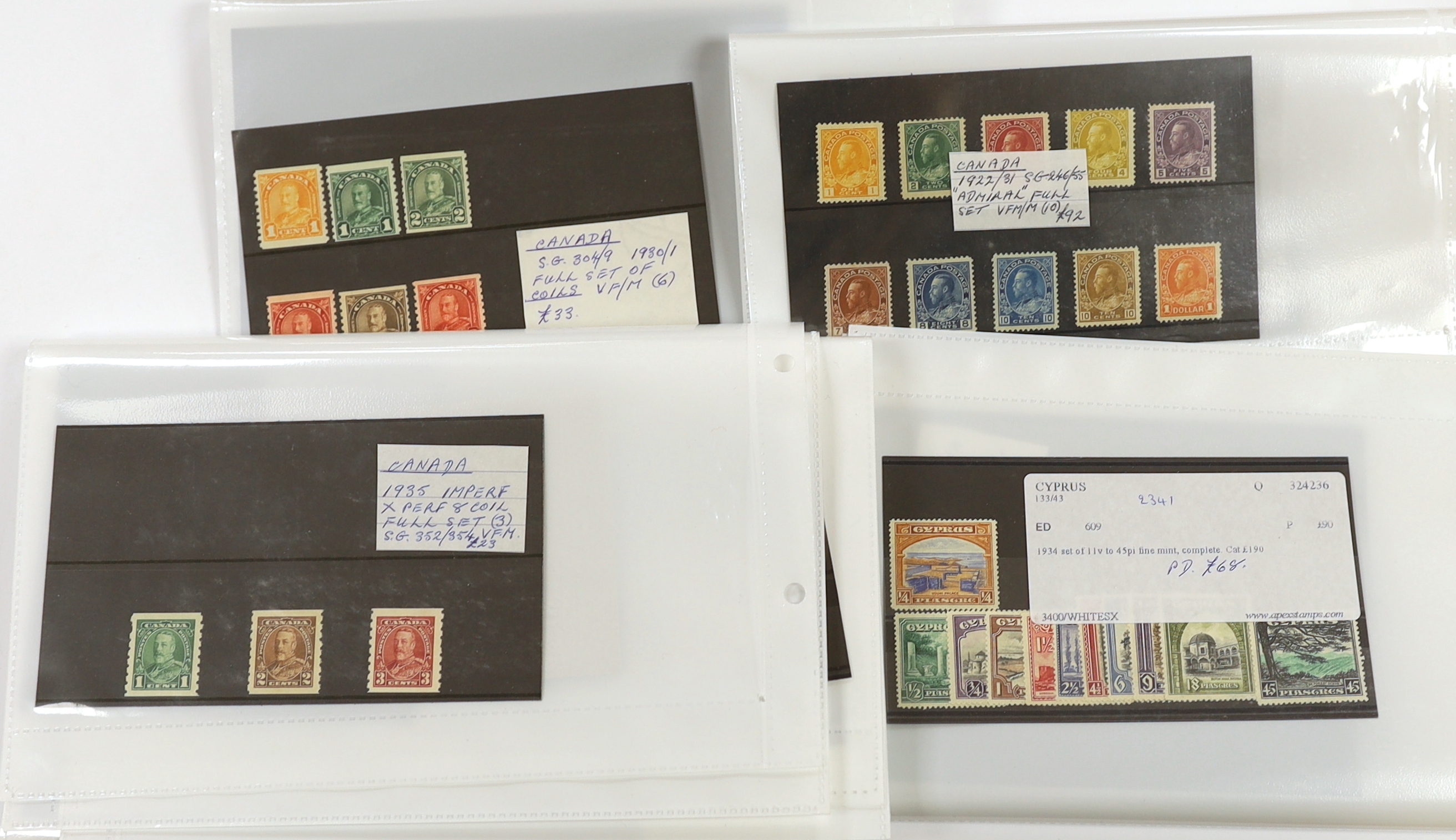 A selection of stamps including Canada 1897 Jubilee $1, Cyprus 1894 set, 1912 set, 1928 Anniversary set, 1924-28 to £1, Gibraltar 1886 set, 1925 £1(2), 1912 to £1, etc.